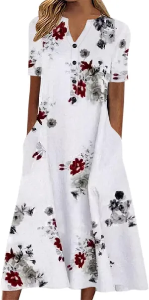 2023 Summer Casual Dress for Women Short Sleeve Button Up V Neck Print Hem Swing Midi Long Sundress with Pocket Loose Mid Calf Length Elegant Shift Sun party waist strap Flower Floral M74-Red