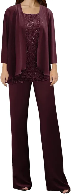 3 Pieces Mother of The Bride Dress Pant Suits Lace Evening Formal Dress for Wedding Guest Groom Women's
