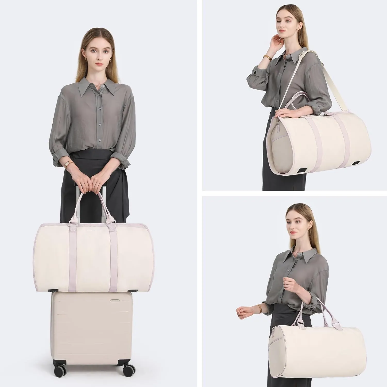 3Pcs Garment Duffle Bags for Travel Convertible Carry on Garment Bag for Women Men Travel Duffle Bag Includes Shoe Pouch & Hanging Suit Bag for Clothes/Dresses, Beige