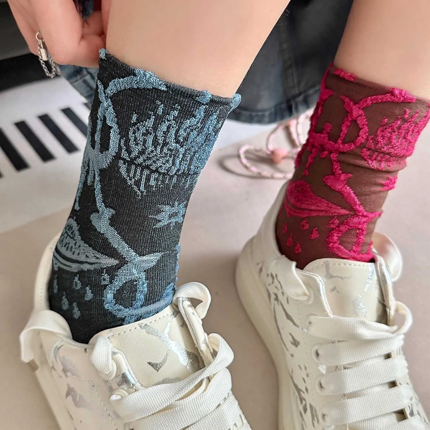 4 Pairs Women's Hollow Sheer Mesh Mid Calf Socks Transparent See-Through Fashion Socks