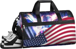 4th Of July American Flag Sports Gym Bag with Wet Pocket & Shoes Compartment Waterproof Workout Duffel Bag for Women and Men Weekender Overnight Duffle Bag Travel Carry-on Tote
