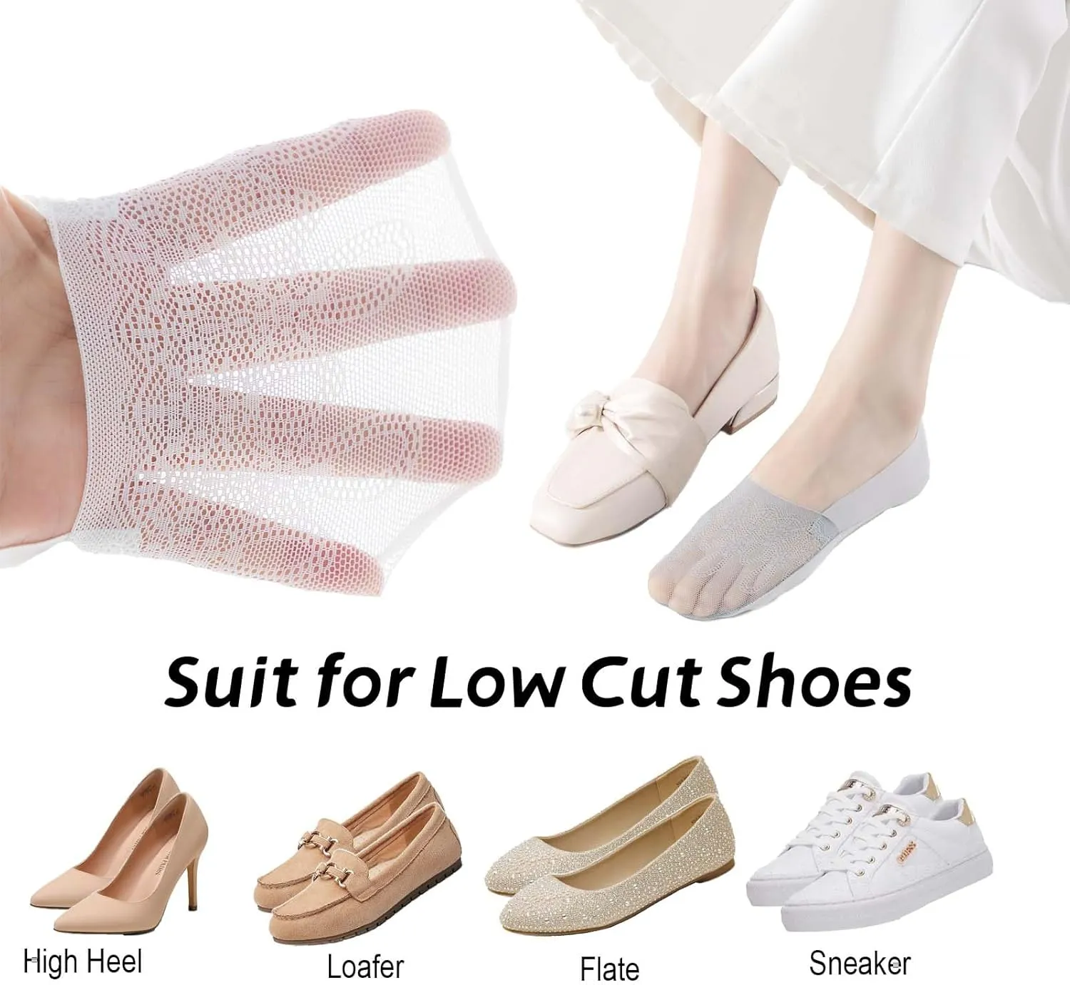 6 Pack Thin Lace No Show Socks For Women, Invisible Low Cut Womens Liner Sock Size 5-8,9-11