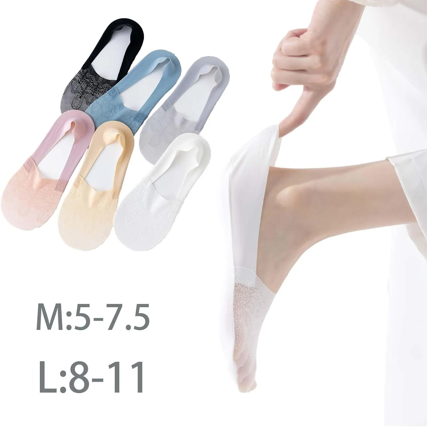 6 Pack Thin Lace No Show Socks For Women, Invisible Low Cut Womens Liner Sock Size 5-8,9-11