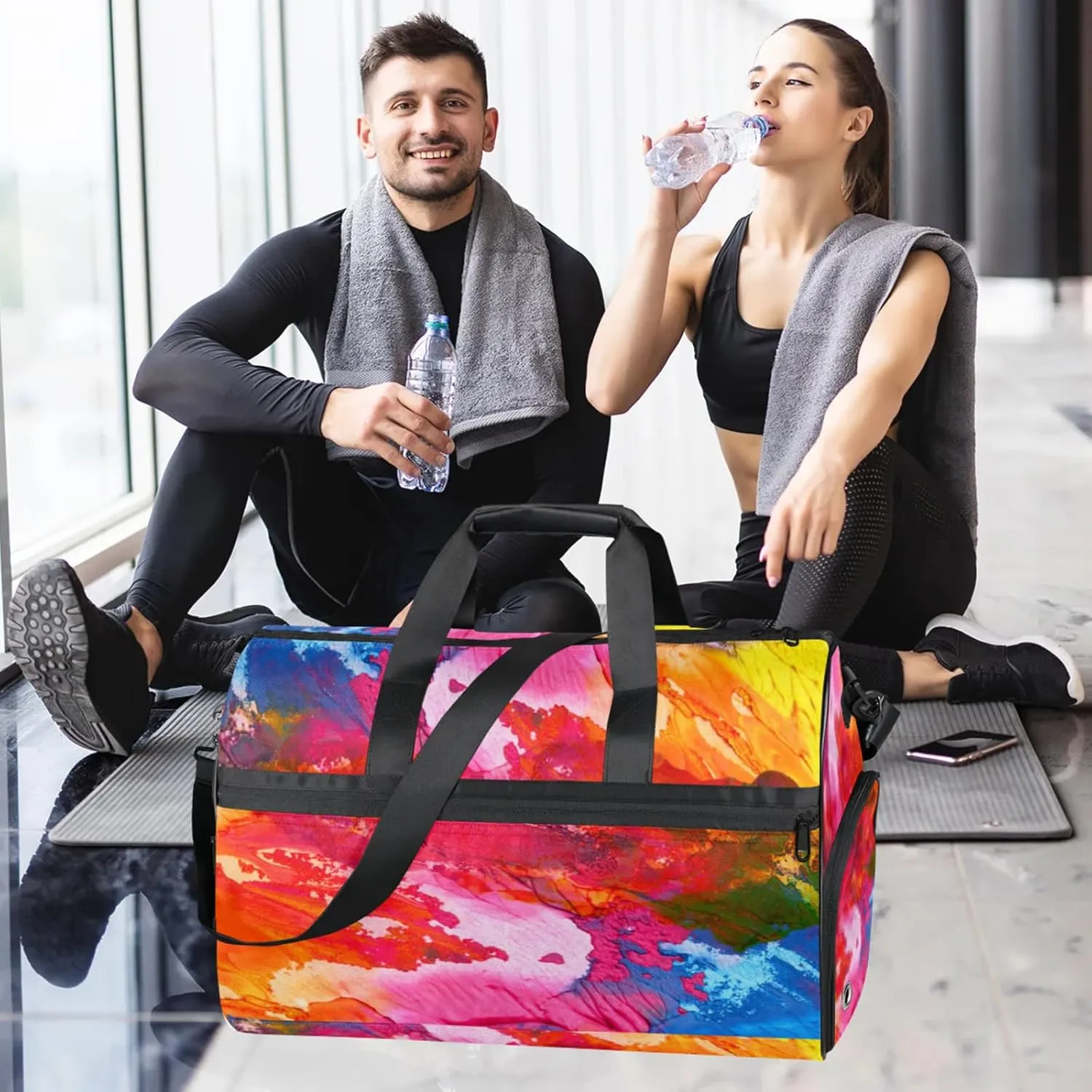Abstract Acrylic Gym Bags for Men Women, 43L Medium Sports Hand Painted Travel Duffel Bag for Men with Shoe Compartment,Carry on Bags for Airplanes Women
