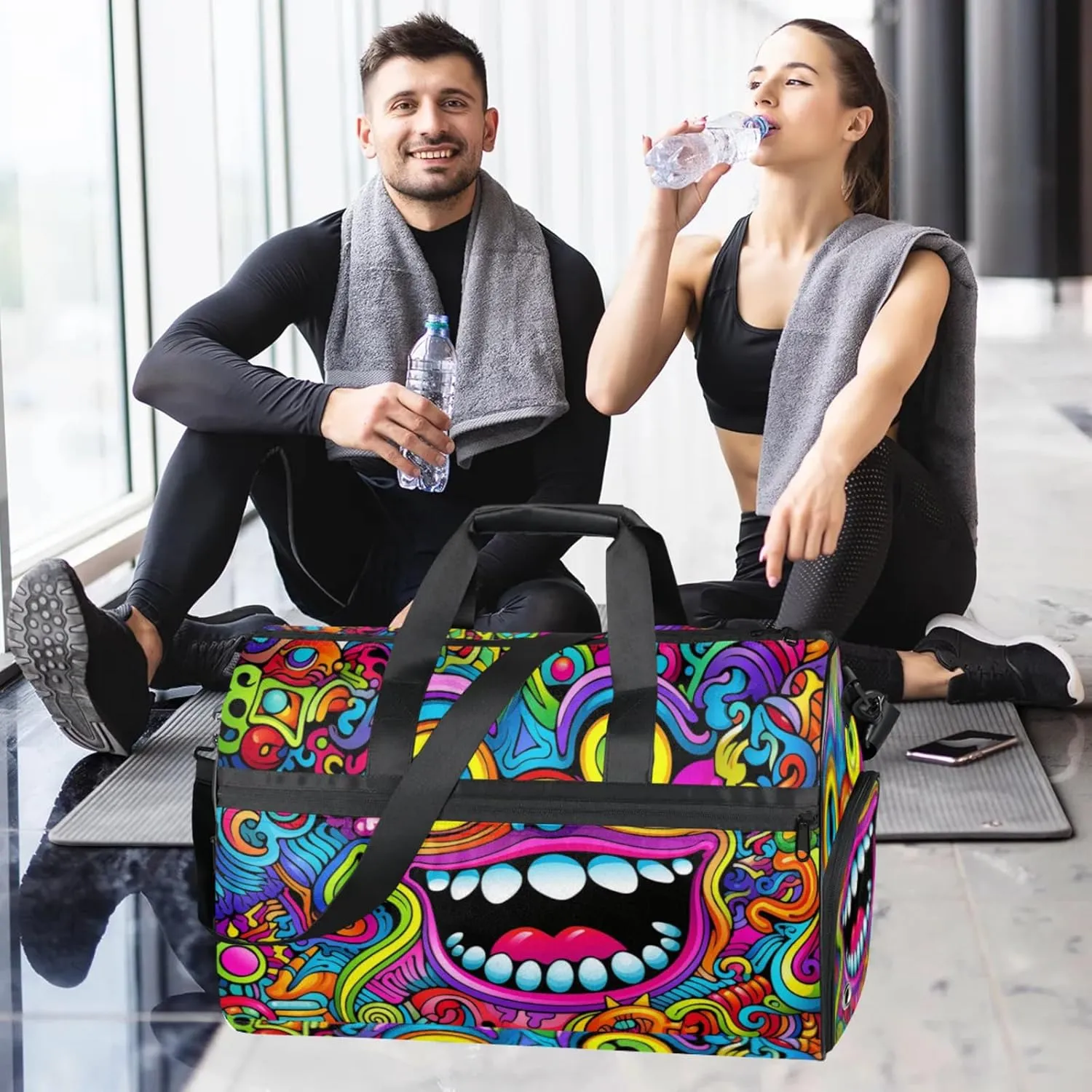 Abstract Art Gym Duffle Bag for Women,Waterproof Sports Colourful Patterns Duffle Bags Travel Weekender Bags for Men Women Overnight Bag with Shoes Compartment