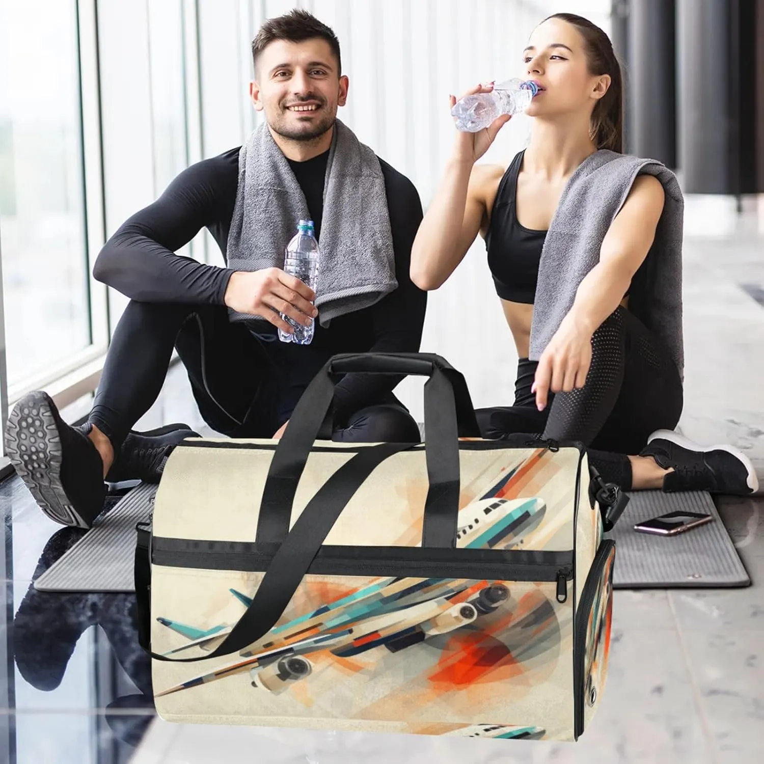 Abstract Geometric 43L Gym Duffle Bag for men with Shoe Compartment, Aircraft Pattern Overnight Weekender Bag for Women with Shoulder Strap, Ideal for Travel, Gym, Sports