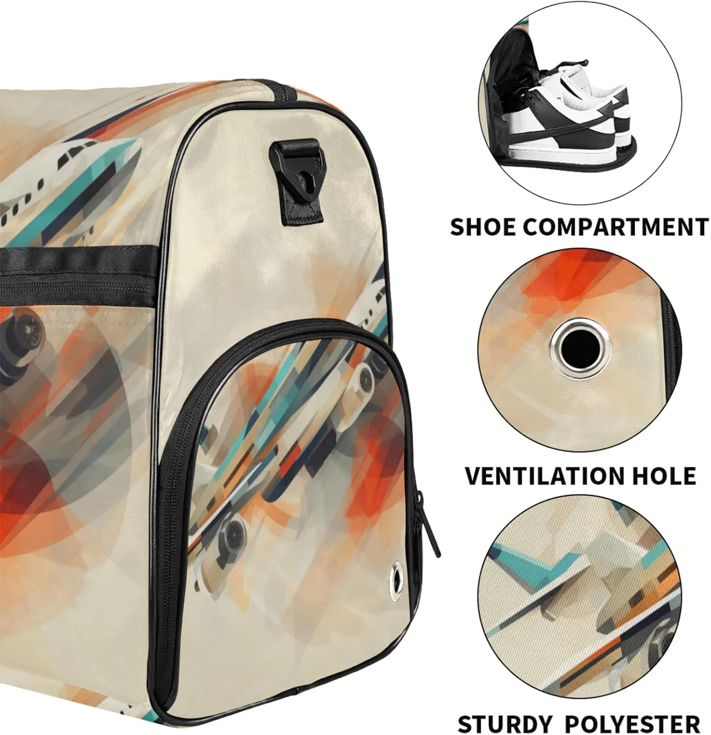 Abstract Geometric 43L Gym Duffle Bag for men with Shoe Compartment, Aircraft Pattern Overnight Weekender Bag for Women with Shoulder Strap, Ideal for Travel, Gym, Sports