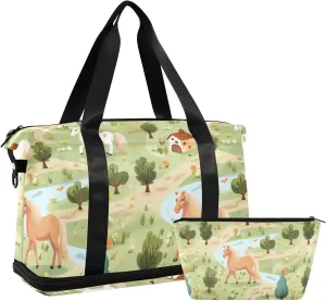 ALAZA Cartoon Horses in A Farm Gym Bag Sports Duffel Bag with Shoes Compartment, Overnight Weekender Travel Tote Bag for Women Men Trip College