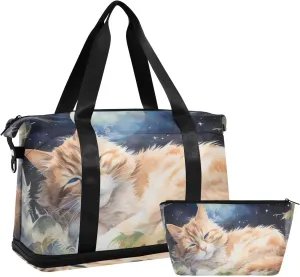 ALAZA Cat Sleepi in The Starry Night Gym Bag Sports Duffel Bag with Shoes Compartment, Overnight Weekender Travel Tote Bag for Women Men Trip College