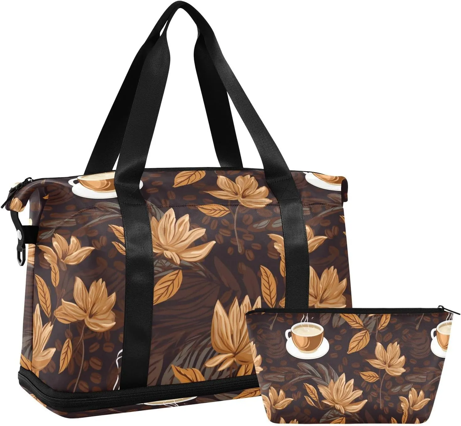 ALAZA Coffee Cup and Flowers Brown Gym Bag Sports Duffel Bag with Shoes Compartment, Overnight Weekender Travel Tote Bag for Women Men Trip College