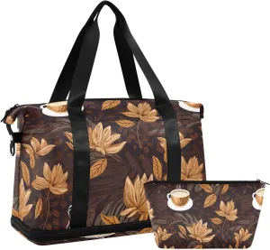 ALAZA Coffee Cup and Flowers Brown Gym Bag Sports Duffel Bag with Shoes Compartment, Overnight Weekender Travel Tote Bag for Women Men Trip College