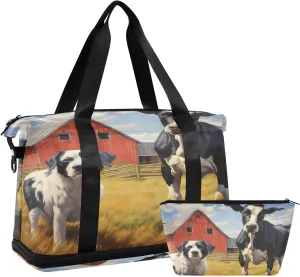 ALAZA Cow and Dog in A Farm Gym Bag Sports Duffel Bag with Shoes Compartment, Overnight Weekender Travel Tote Bag for Women Men Trip College