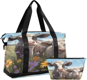 ALAZA Cute Cows Flowers Musical Notes Gym Bag Sports Duffel Bag with Shoes Compartment, Overnight Weekender Travel Tote Bag for Women Men Trip College