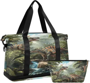 ALAZA Dinosaurs in Tropical Jungle Forest Gym Bag Sports Duffel Bag with Shoes Compartment, Overnight Weekender Travel Tote Bag for Women Men Trip College