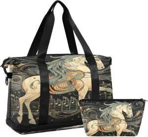 ALAZA Elegant Horse and Musical Notes Gym Bag Sports Duffel Bag with Shoes Compartment, Overnight Weekender Travel Tote Bag for Women Men Trip College