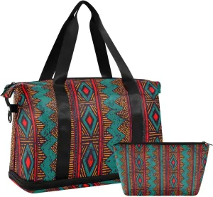 ALAZA Ethnic Aztec Tribal Ornament Geometric Gym Bag Sports Duffel Bag with Shoes Compartment, Overnight Weekender Travel Tote Bag for Women Men Trip College