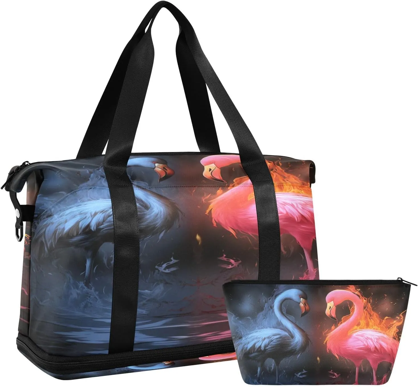 ALAZA Flamingo in The Fire and Water Gym Bag Sports Duffel Bag with Shoes Compartment, Overnight Weekender Travel Tote Bag for Women Men Trip College