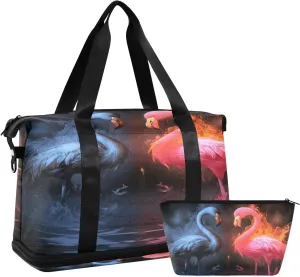 ALAZA Flamingo in The Fire and Water Gym Bag Sports Duffel Bag with Shoes Compartment, Overnight Weekender Travel Tote Bag for Women Men Trip College