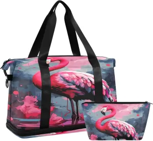 ALAZA Flamingo on A Camouflage Background Gym Bag Sports Duffel Bag with Shoes Compartment, Overnight Weekender Travel Tote Bag for Women Men Trip College