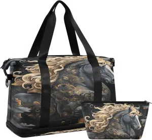 ALAZA Horse on Black Marble Background Gym Bag Sports Duffel Bag with Shoes Compartment, Overnight Weekender Travel Tote Bag for Women Men Trip College