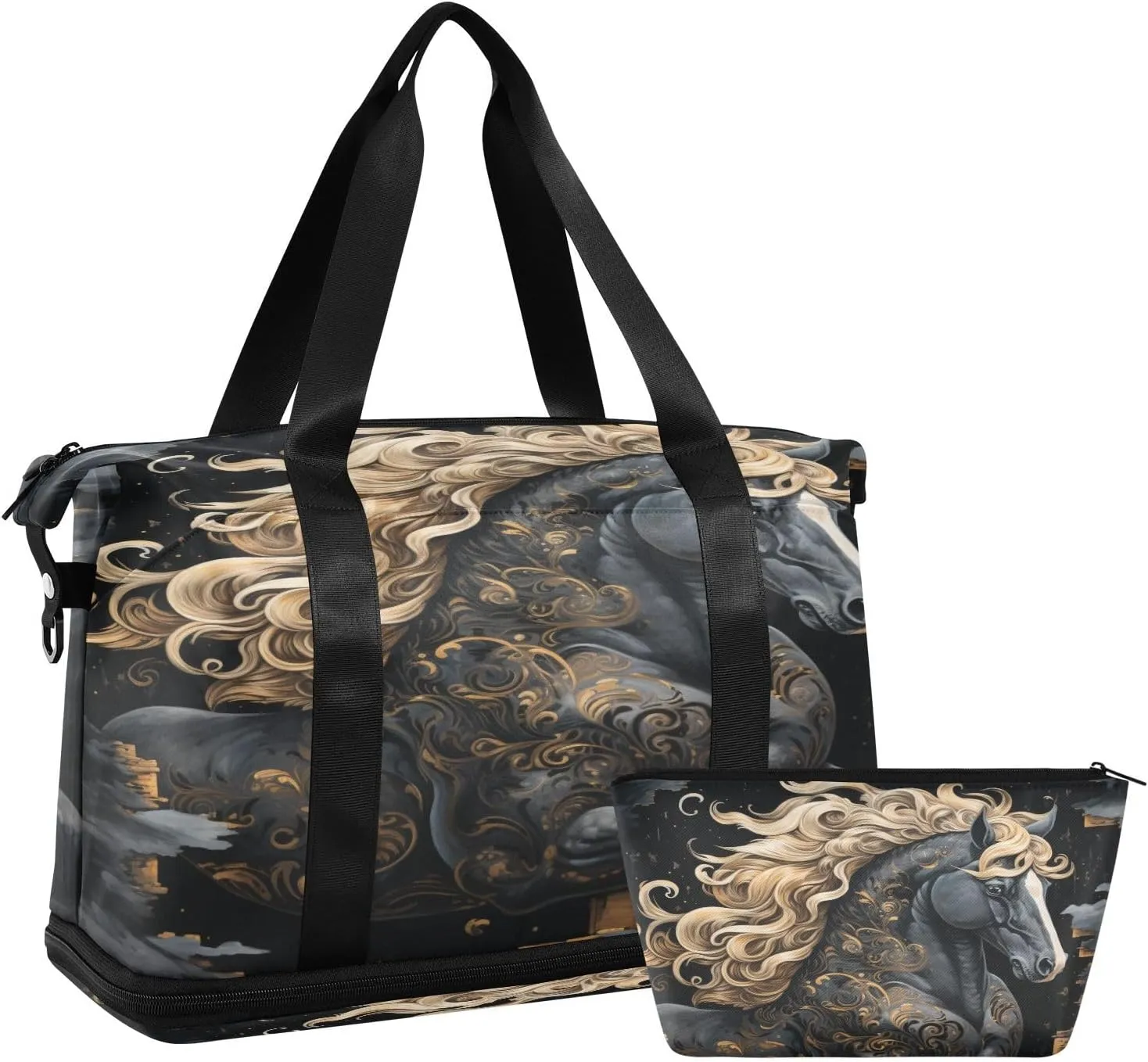 ALAZA Horse on Black Marble Background Gym Bag Sports Duffel Bag with Shoes Compartment, Overnight Weekender Travel Tote Bag for Women Men Trip College