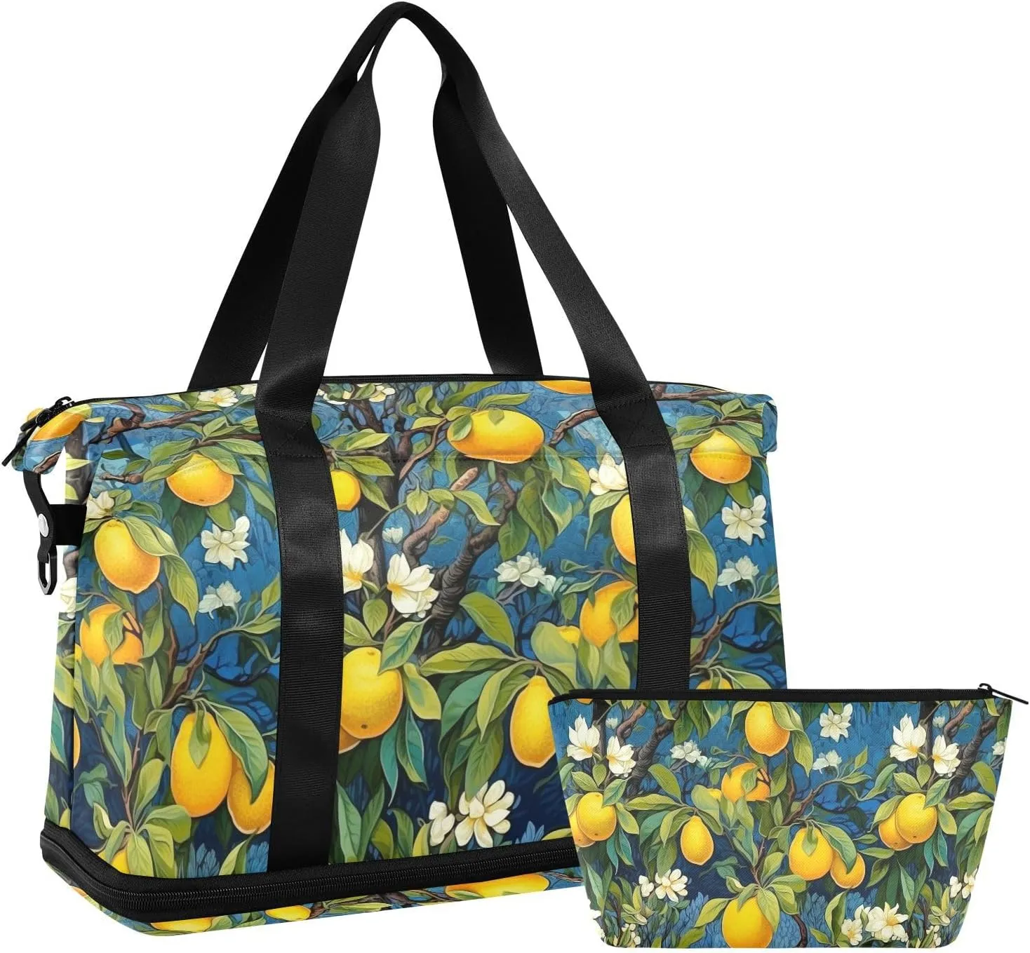 ALAZA Lemon Flowers on Blue Background Gym Bag Sports Duffel Bag with Shoes Compartment, Overnight Weekender Travel Tote Bag for Women Men Trip College