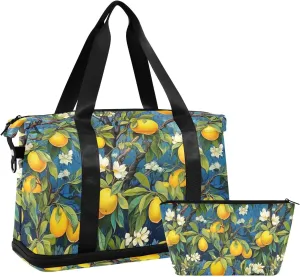 ALAZA Lemon Flowers on Blue Background Gym Bag Sports Duffel Bag with Shoes Compartment, Overnight Weekender Travel Tote Bag for Women Men Trip College