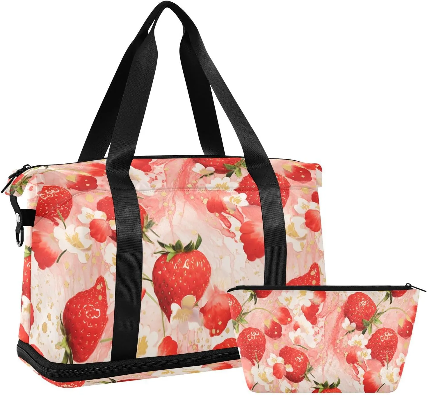 ALAZA Strawberries on Pink Marble Background Gym Bag Sports Duffel Bag with Shoes Compartment, Overnight Weekender Travel Tote Bag for Women Men Trip College