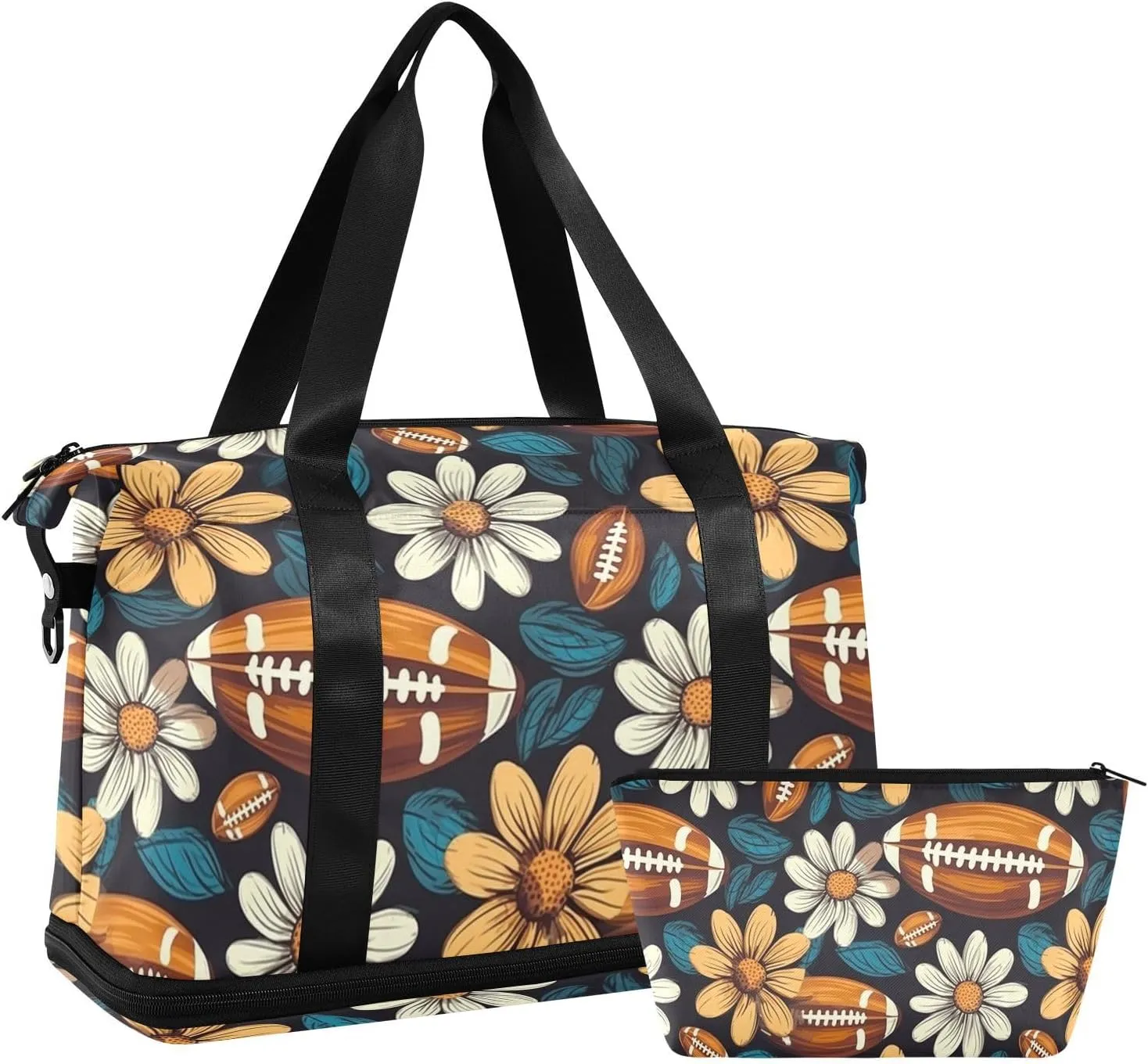 ALAZA Vintage American Football Balls Flowers Gym Bag Sports Duffel Bag with Shoes Compartment, Overnight Weekender Travel Tote Bag for Women Men Trip College