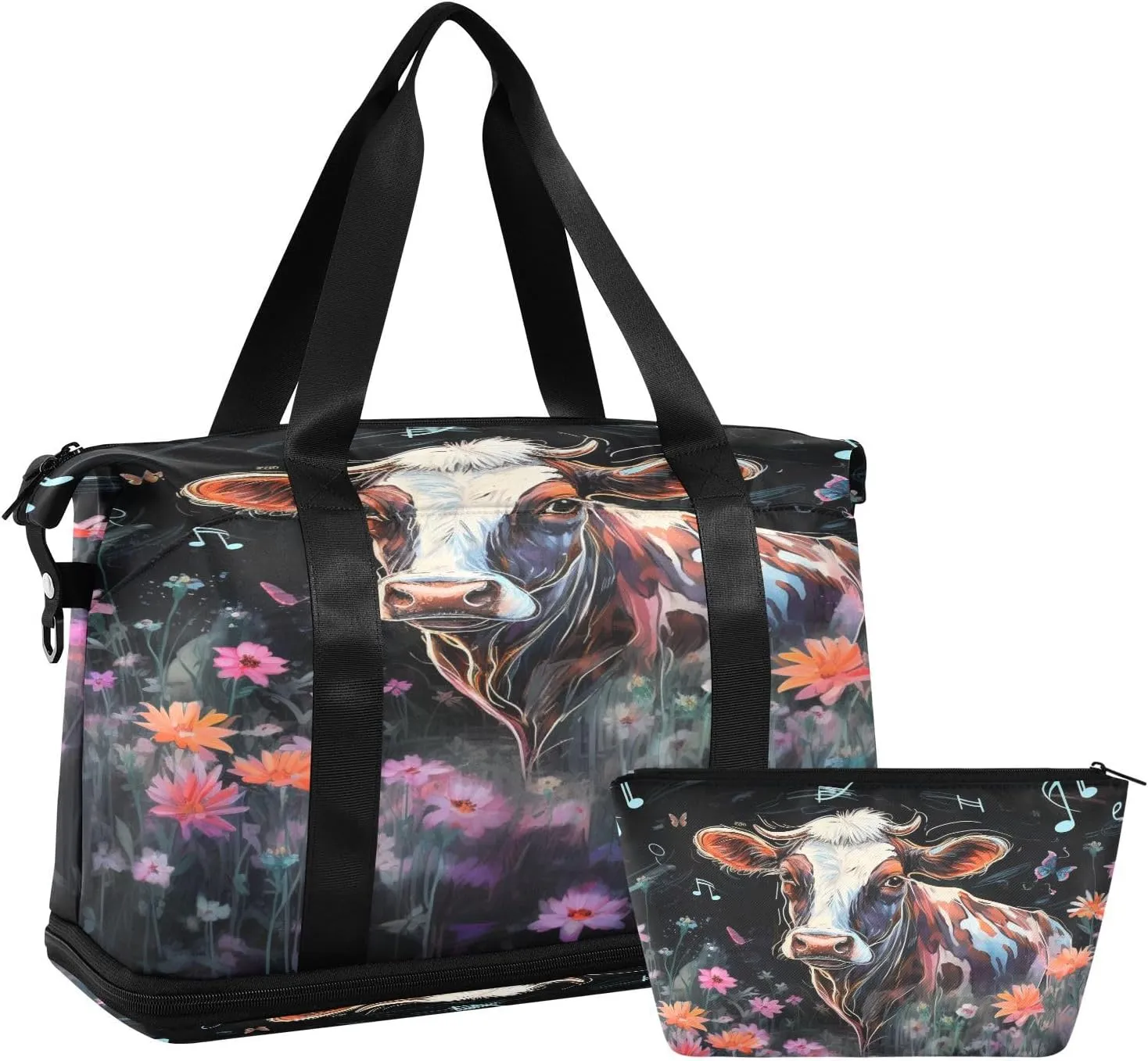 ALAZA Vintage Cow Flowers Music Notes Gym Bag Sports Duffel Bag with Shoes Compartment, Overnight Weekender Travel Tote Bag for Women Men Trip College