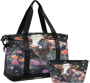 ALAZA Vintage Cow Flowers Music Notes Gym Bag Sports Duffel Bag with Shoes Compartment, Overnight Weekender Travel Tote Bag for Women Men Trip College