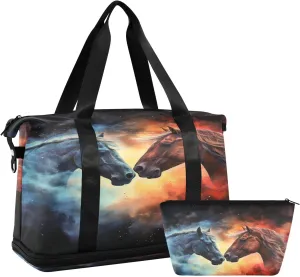 ALAZA Vintage Horses on The Space Gym Bag Sports Duffel Bag with Shoes Compartment, Overnight Weekender Travel Tote Bag for Women Men Trip College