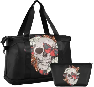 ALAZA Vintage Skull and Butterflies Black Gym Bag Sports Duffel Bag with Shoes Compartment, Overnight Weekender Travel Tote Bag for Women Men Trip College