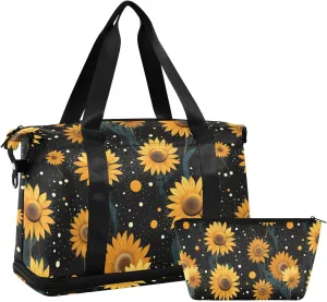ALAZA Yellow Sunflowers Dots on Black Gym Bag Sports Duffel Bag with Shoes Compartment, Overnight Weekender Travel Tote Bag for Women Men Trip College