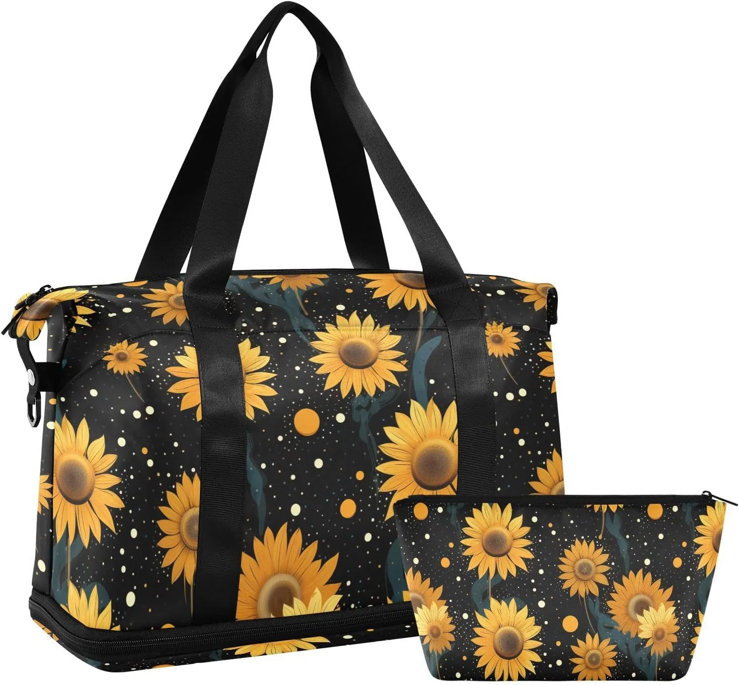 ALAZA Yellow Sunflowers Dots on Black Gym Bag Sports Duffel Bag with Shoes Compartment, Overnight Weekender Travel Tote Bag for Women Men Trip College