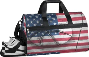 America Flag Basketball Sports Gym Bag with Wet Pocket & Shoes Compartment Waterproof Workout Duffel Bag for Women and Men Weekender Overnight Duffle Bag Travel Carry-on Tote