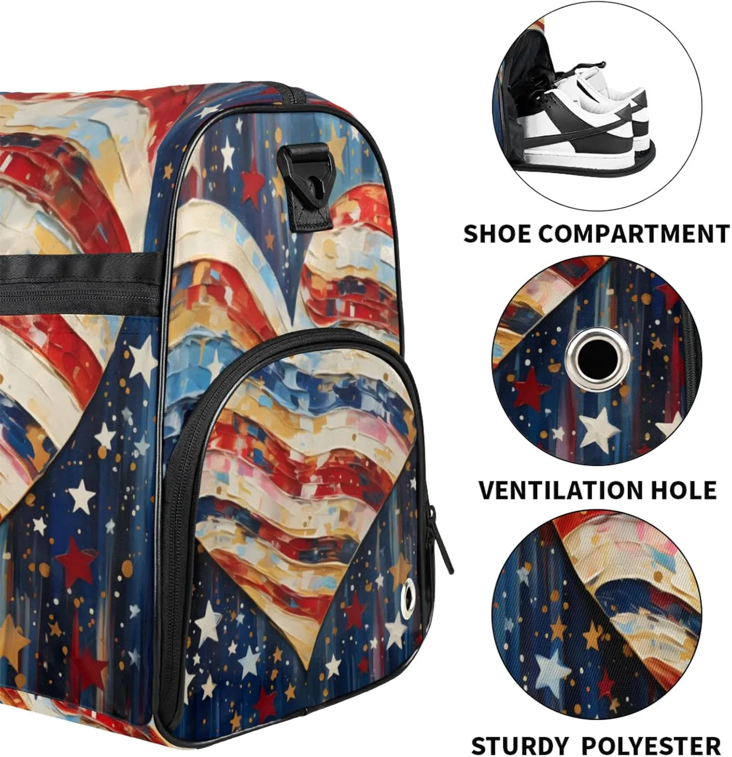 American Flag 43L Gym Duffle Bag for men with Shoe Compartment, Love Overnight Weekender Bag for Women with Shoulder Strap, Ideal for Travel, Gym, Sports