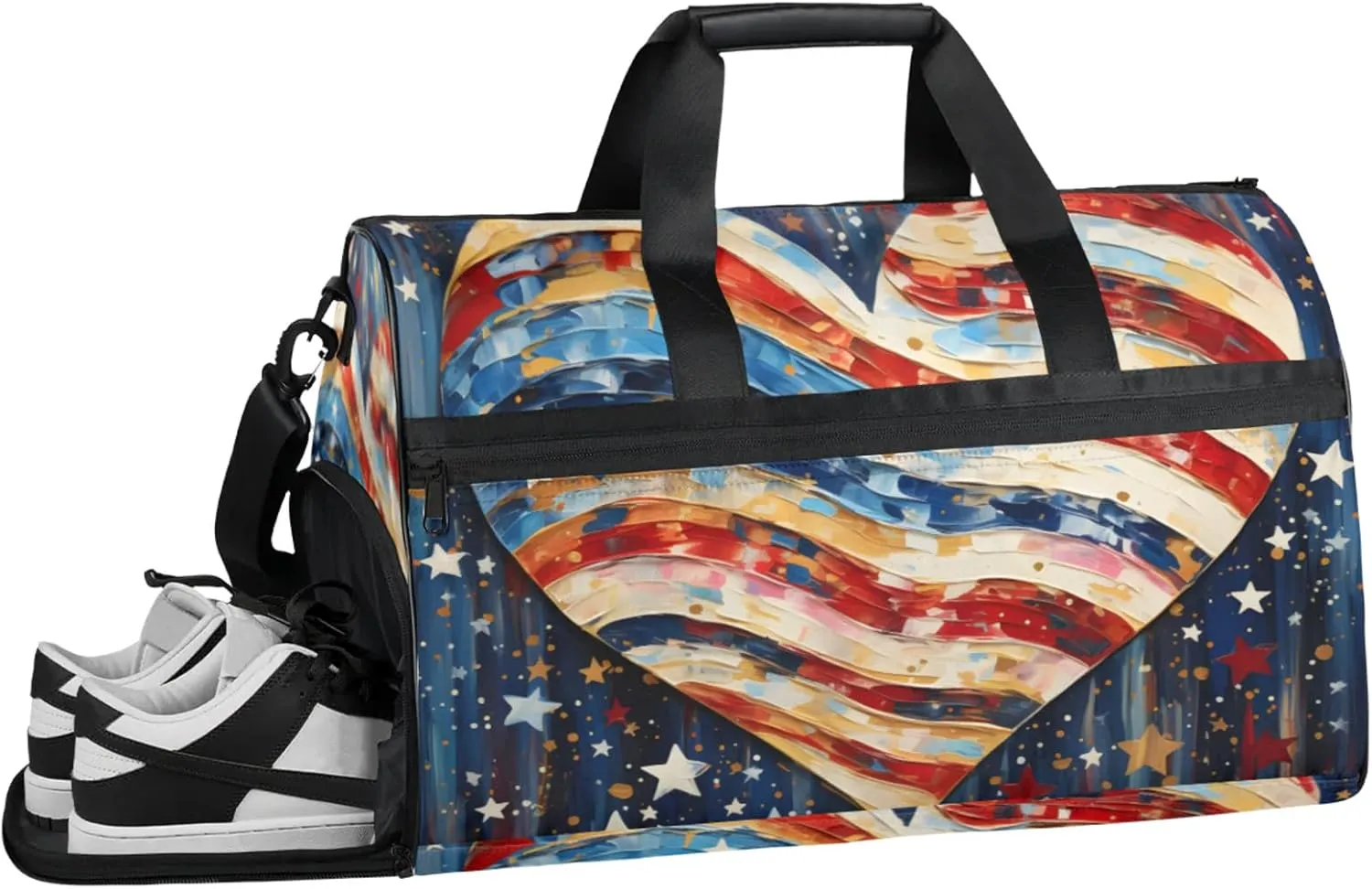 American Flag 43L Gym Duffle Bag for men with Shoe Compartment, Love Overnight Weekender Bag for Women with Shoulder Strap, Ideal for Travel, Gym, Sports
