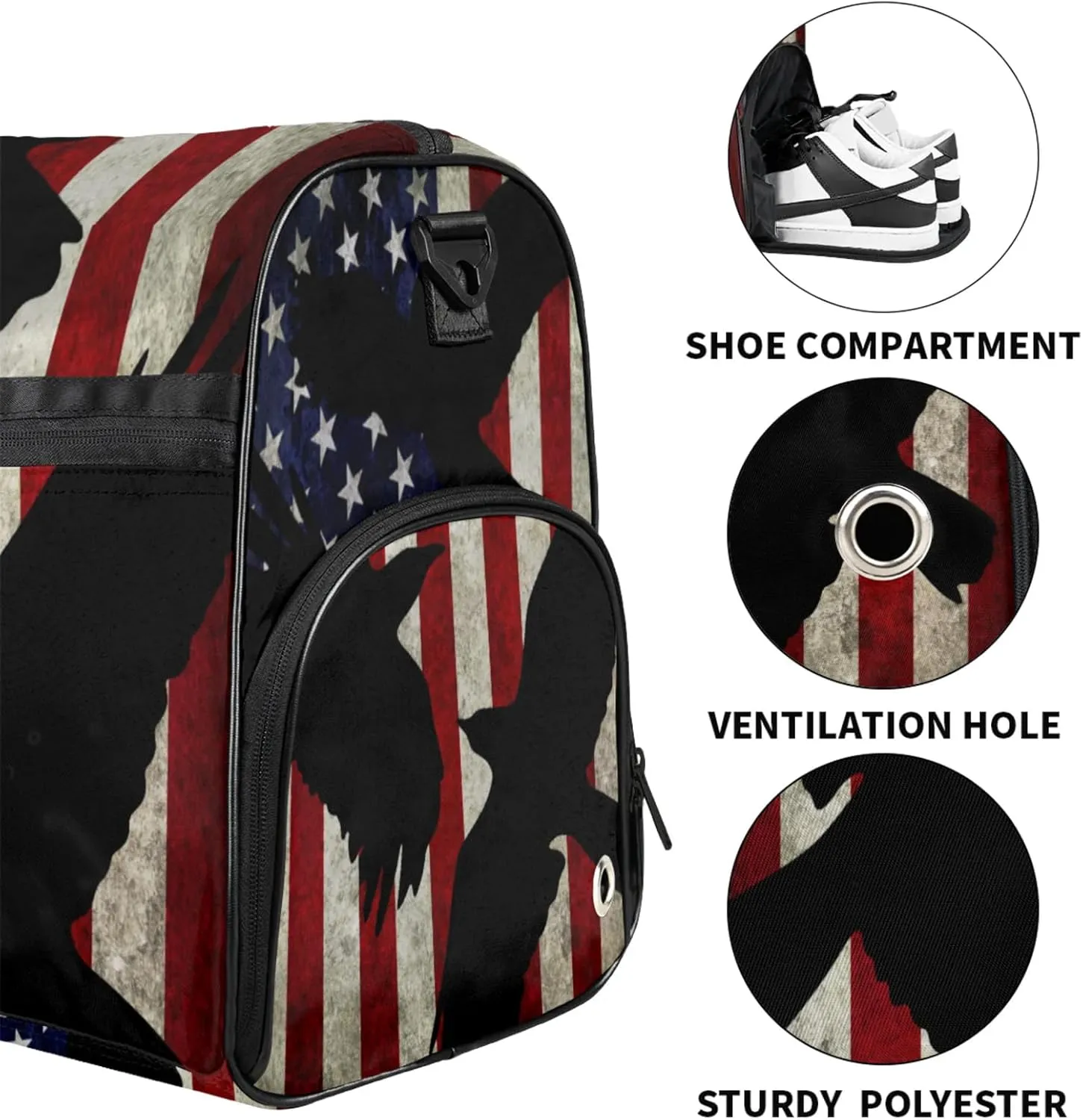 American Flag Gym Bags for Men Women, 43L Medium Sports Eagle Travel Duffel Bag for Men with Shoe Compartment,Carry on Bags for Airplanes Women