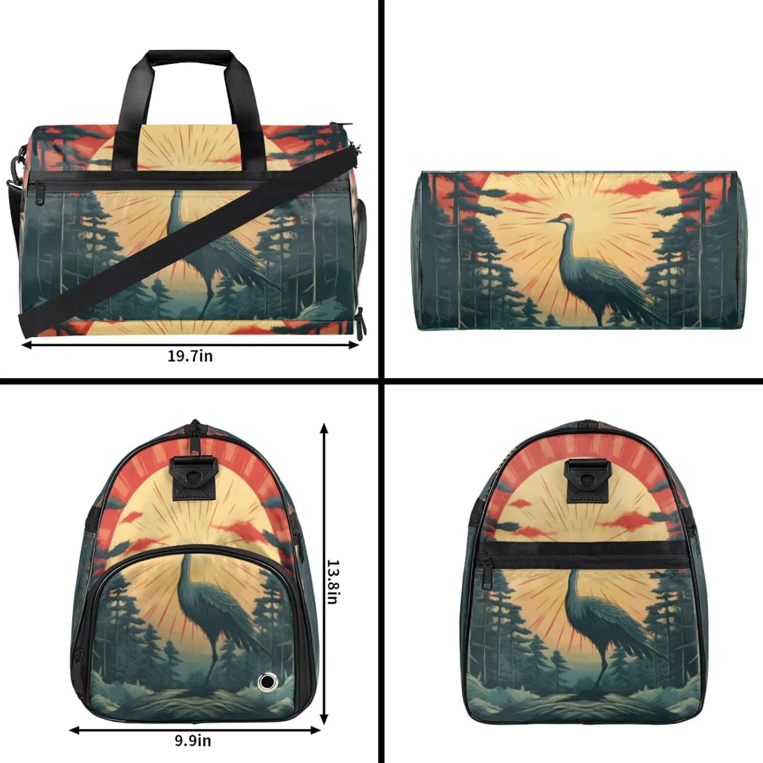 Animal Gym Duffle Bag for Women,Waterproof Sports Japanese Crane Duffle Bags Travel Weekender Bags for Men Women Overnight Bag with Shoes Compartment