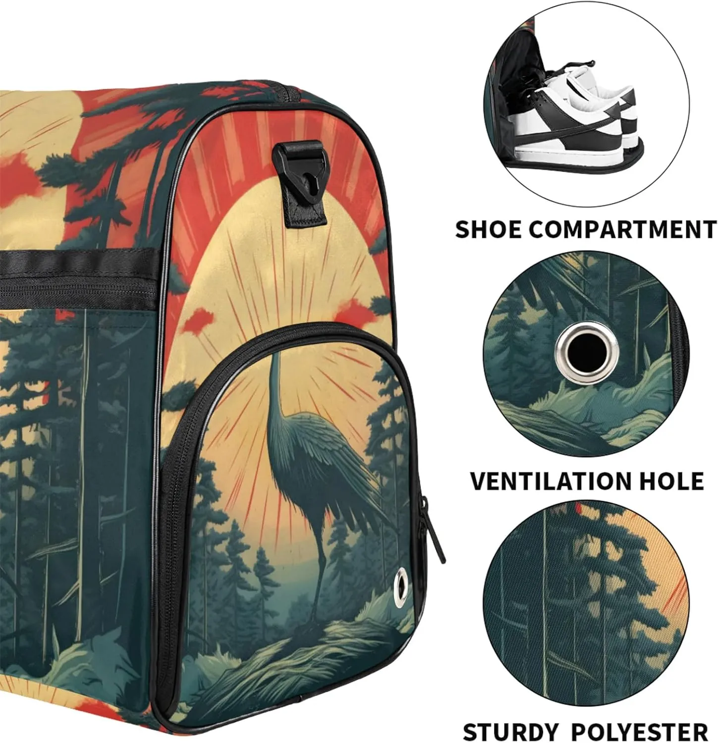 Animal Gym Duffle Bag for Women,Waterproof Sports Japanese Crane Duffle Bags Travel Weekender Bags for Men Women Overnight Bag with Shoes Compartment