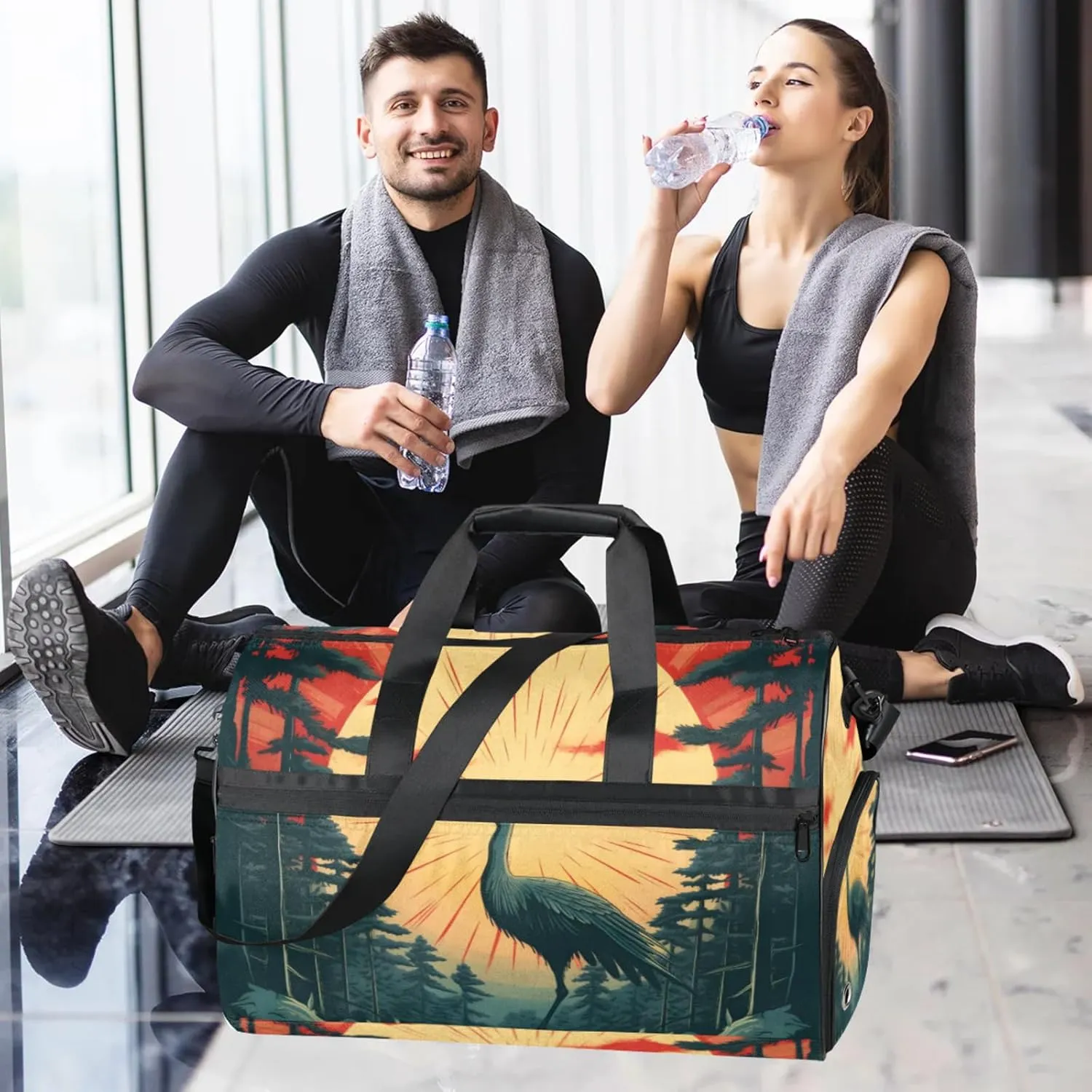 Animal Gym Duffle Bag for Women,Waterproof Sports Japanese Crane Duffle Bags Travel Weekender Bags for Men Women Overnight Bag with Shoes Compartment