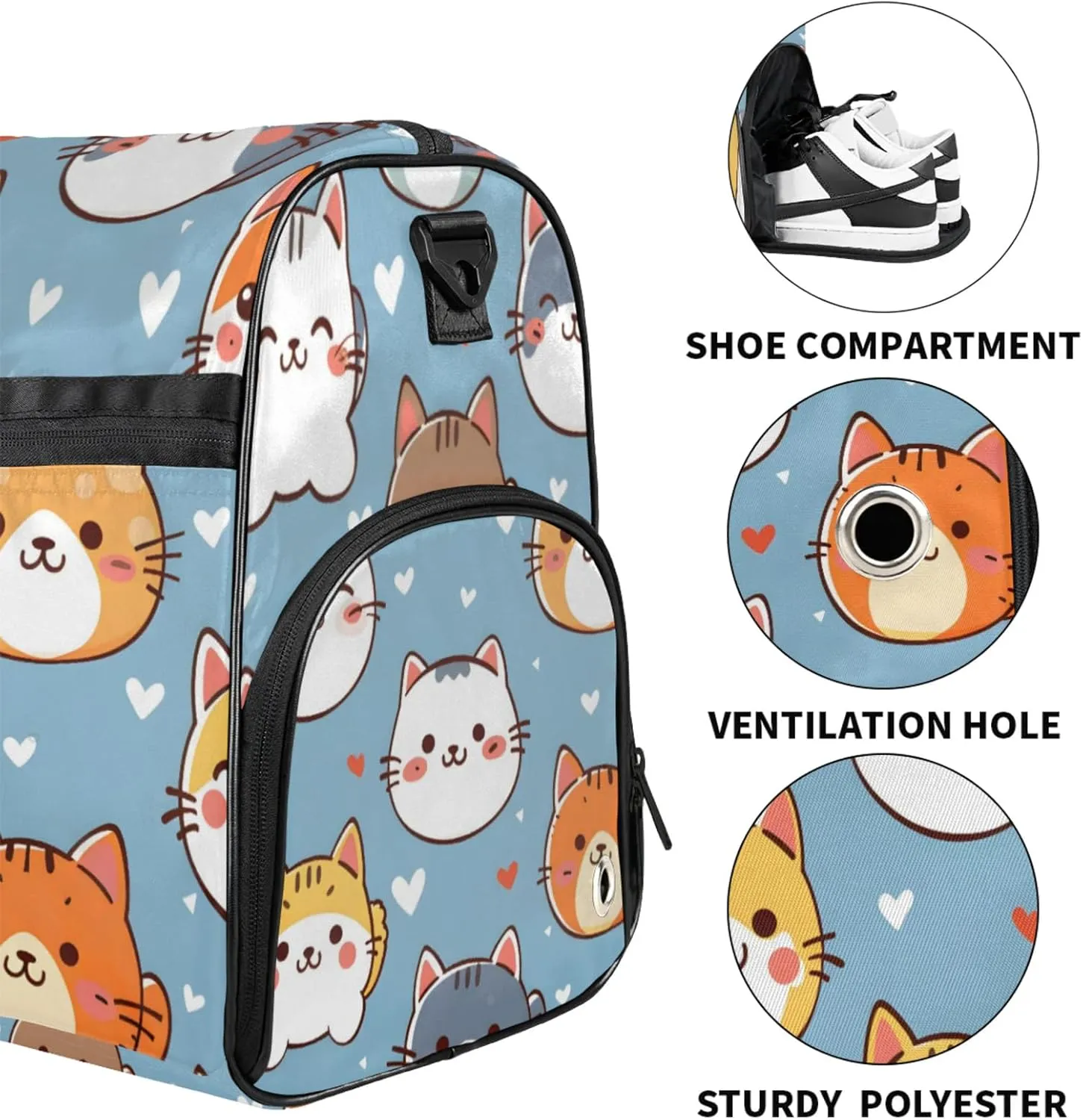 Animals 43L Gym Duffle Bag for men with Shoe Compartment, Cats Overnight Weekender Bag for Women with Shoulder Strap, Ideal for Travel, Gym, Sports