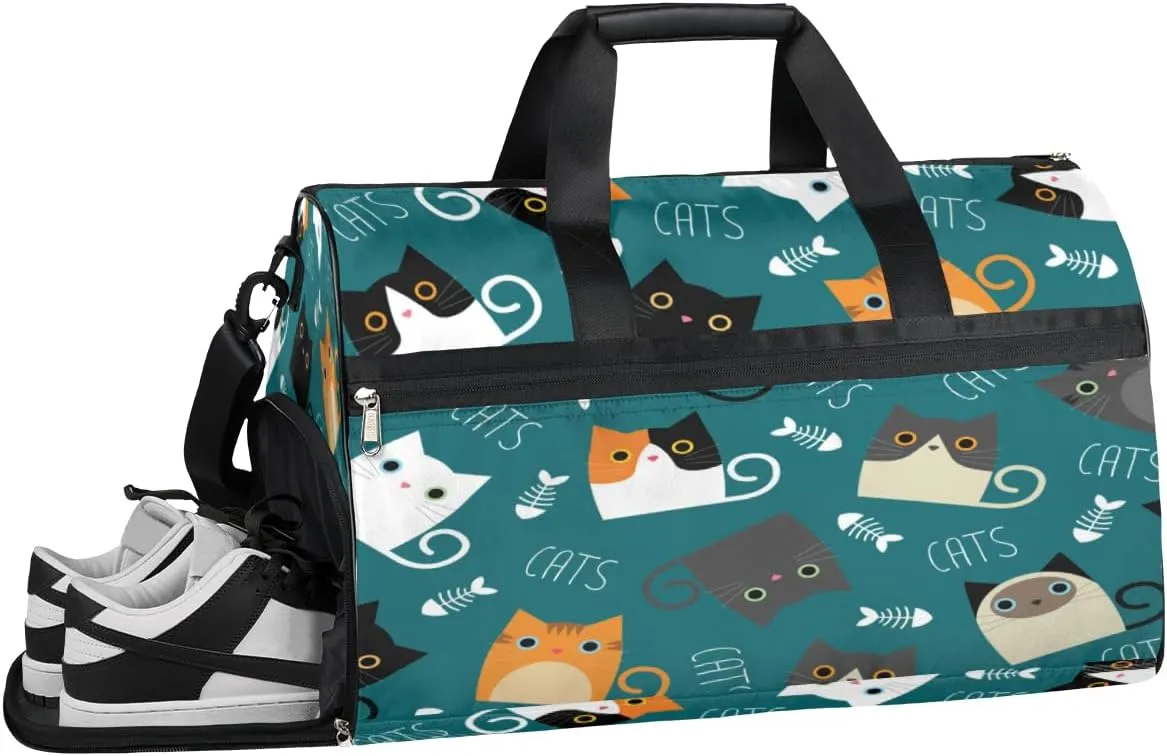 Animals Cute Cats Sports Gym Bag with Wet Pocket & Shoes Compartment Waterproof Workout Duffel Bag for Women and Men Weekender Overnight Duffle Bag Travel Carry-on Tote