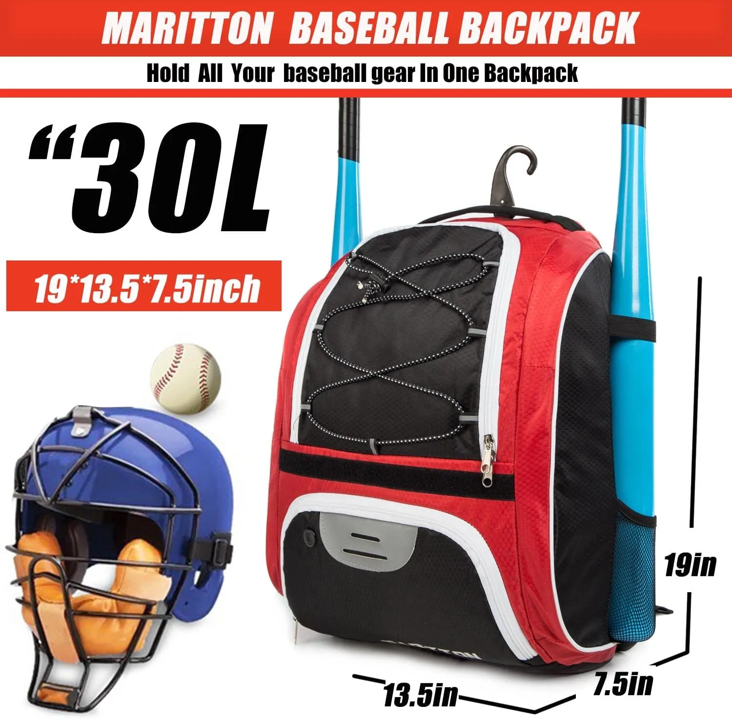 Baseball Bag - Bat Backpack for Baseball, T-Ball & Softball Equipment & Gear for Youth and Adults with Shoe Compartment and Hold Bat, Helmet, Glove and Shoes.