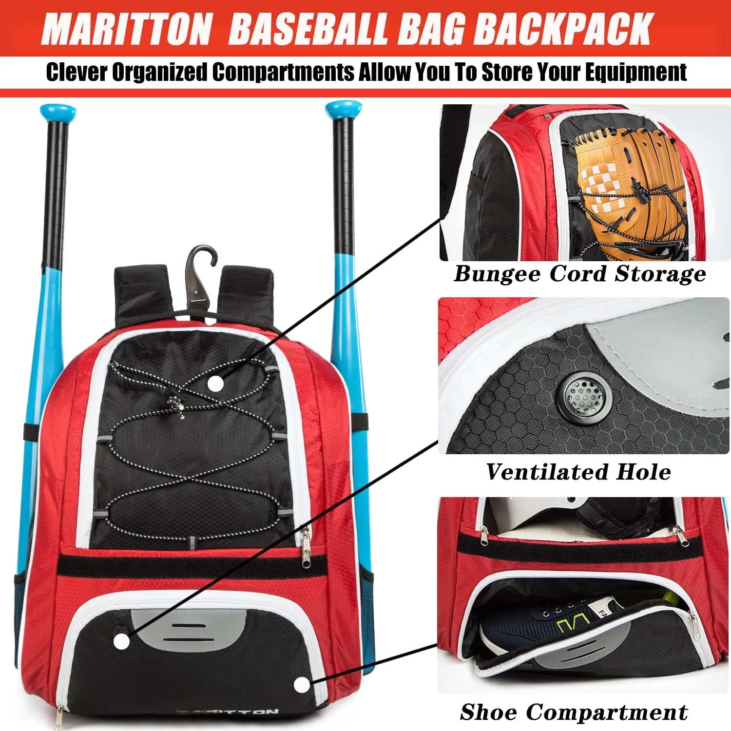 Baseball Bag - Bat Backpack for Baseball, T-Ball & Softball Equipment & Gear for Youth and Adults with Shoe Compartment and Hold Bat, Helmet, Glove and Shoes.