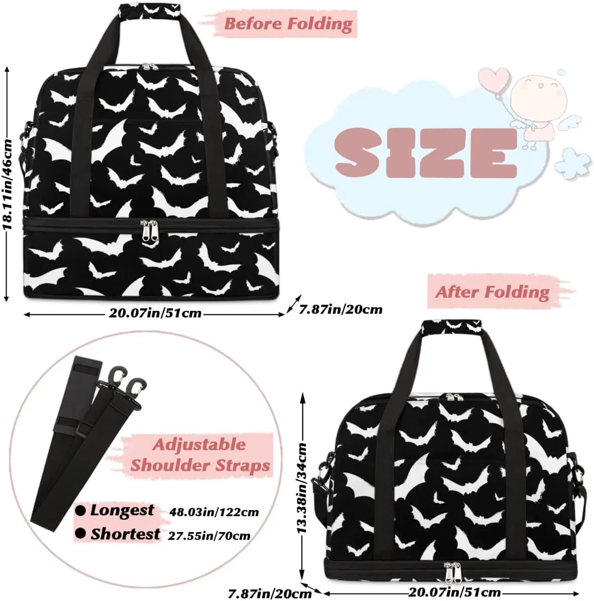 Bat Animal Sports Gym Bag, Bats Halloween Goth Travel Duffel Bag with Shoes Compartment Large Gym Tote Bag Weekend Overnight Bag for Women Men