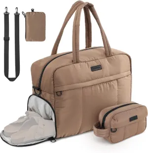 BBCREAT Travel Duffel Bag, Puffy Sports Tote Puffer Gym Bag with Toiletry Bag & Shoes Compartment, Quilted Weekender Overnight Bag for Women, Brown, Stylish Mountain Duffel