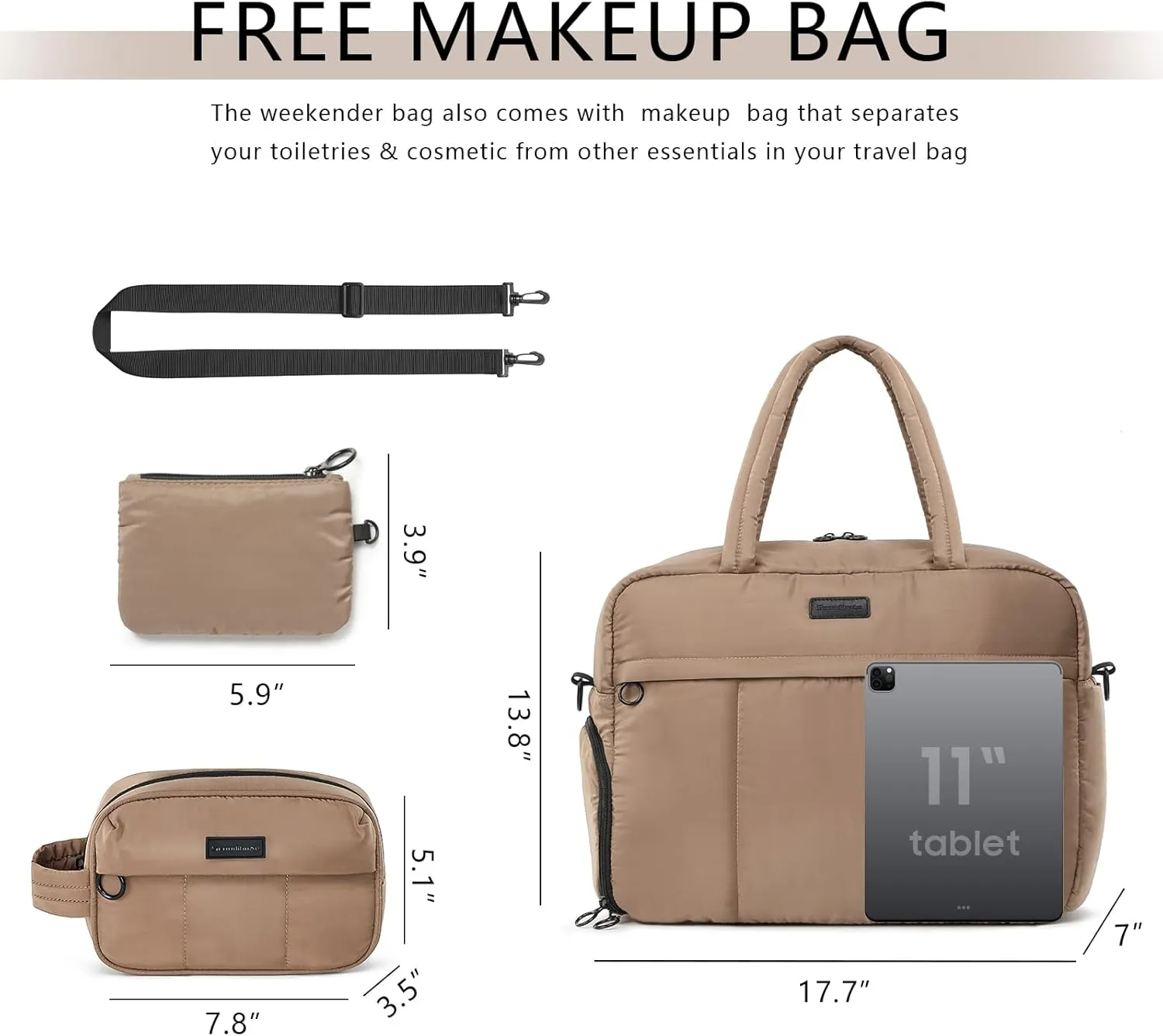 BBCREAT Travel Duffel Bag, Puffy Sports Tote Puffer Gym Bag with Toiletry Bag & Shoes Compartment, Quilted Weekender Overnight Bag for Women, Brown, Stylish Mountain Duffel