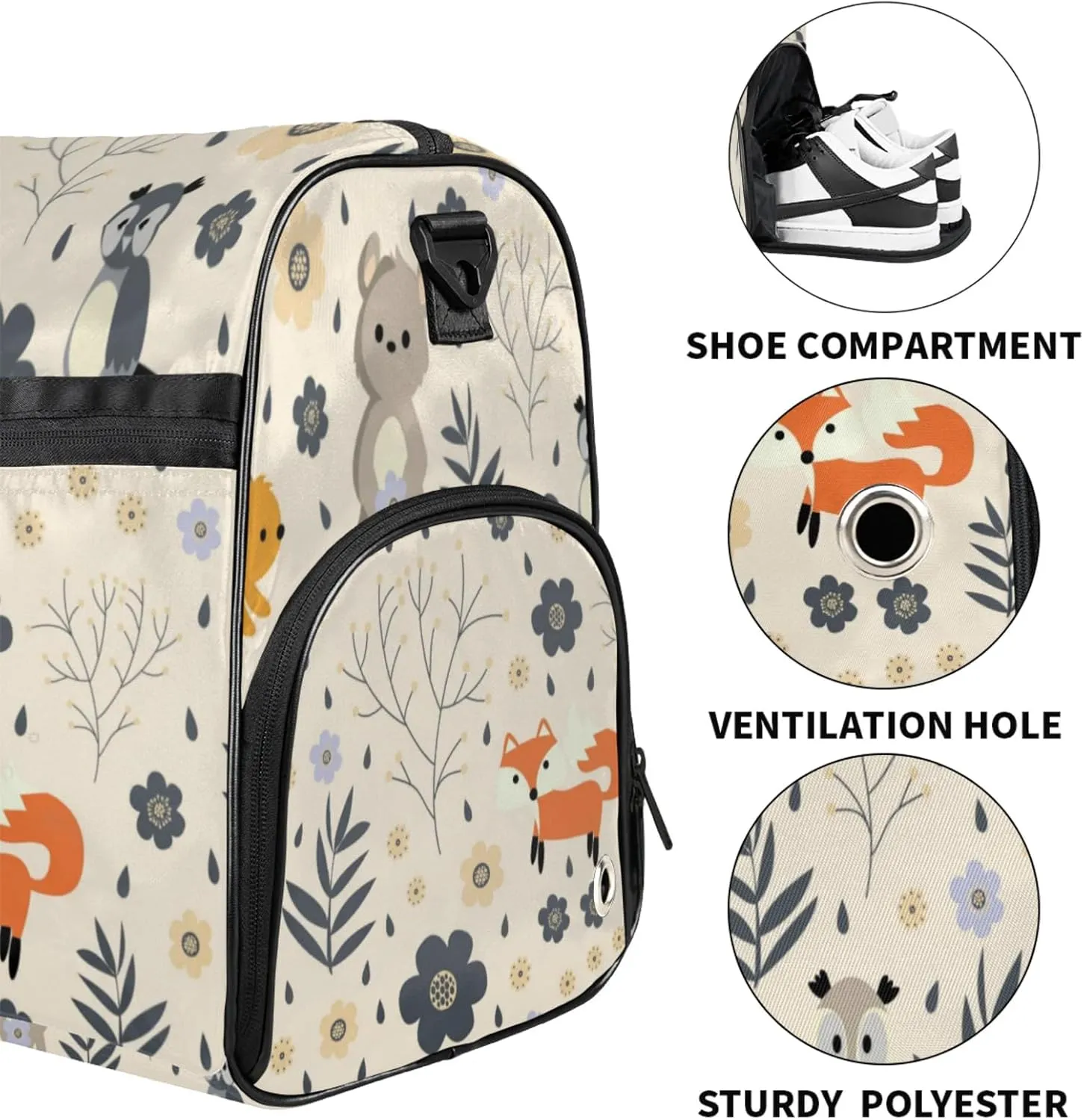 Beige Gym Bags for Men Women, 43L Medium Sports Cartoon Animals Travel Duffel Bag for Men with Shoe Compartment,Carry on Bags for Airplanes Women